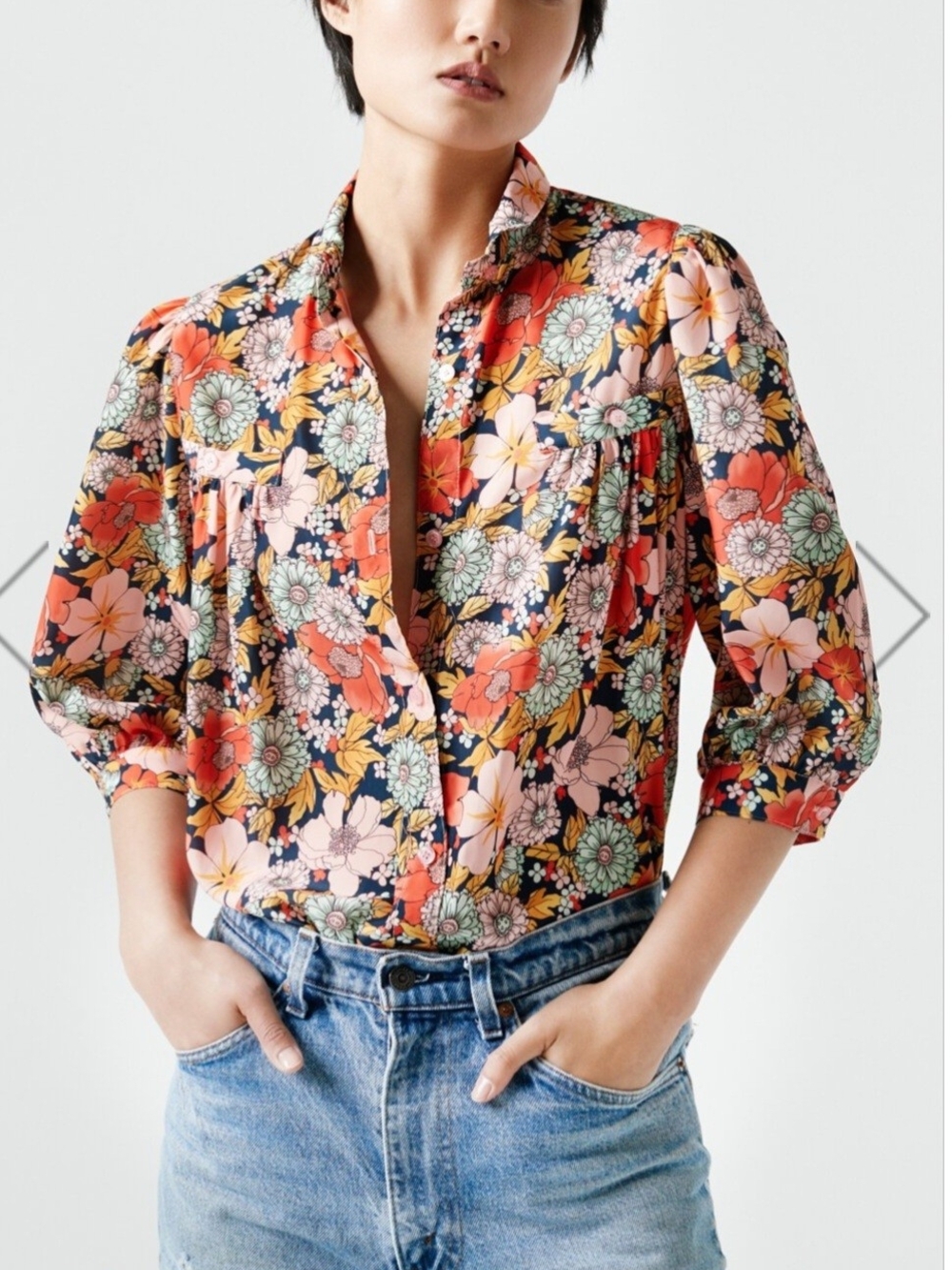 Smythe Floral Button-Front Blouse in blue Coral and Pink